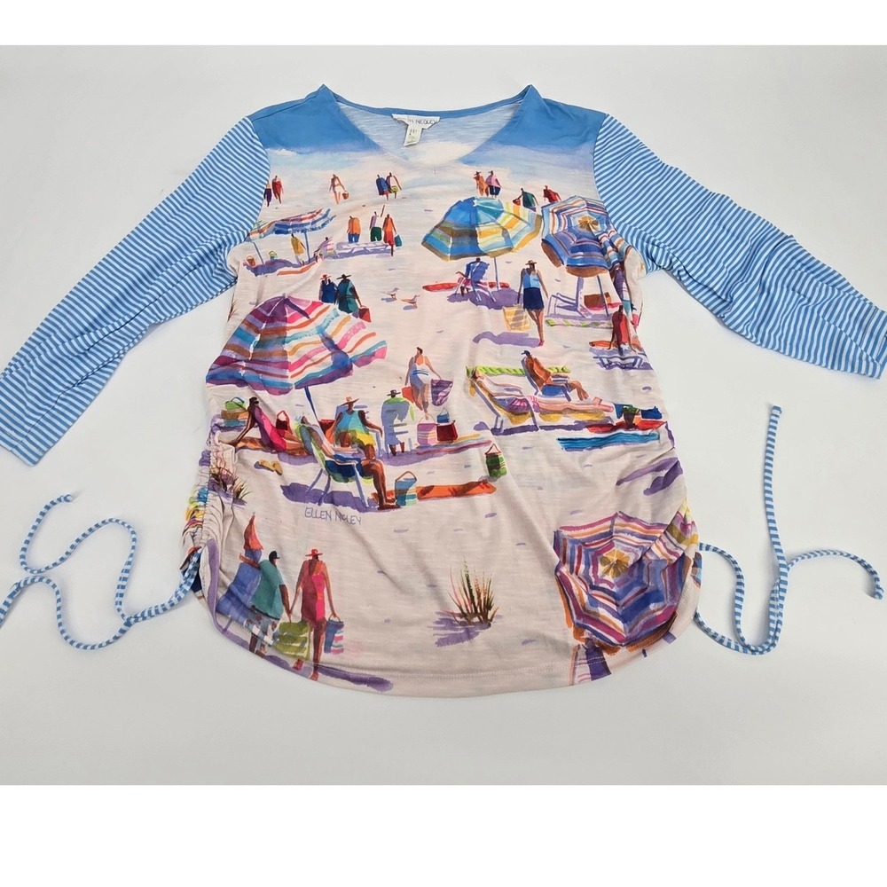 Ellen Negley Art & Sol Beach Umbrella Scene Tunic Top Large Blue Stripes VGUC
